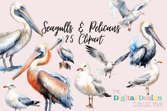 Bring Coastal Charm to Your Projects with Watercolor Pelican and Seagull Clipart