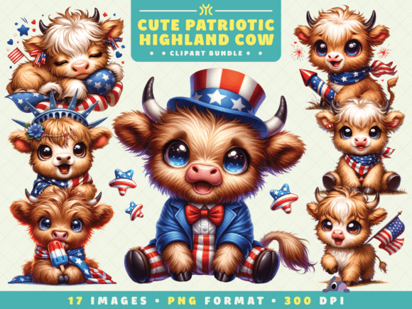 Cute Patriotic Highland Cow Clipart for Independence Day