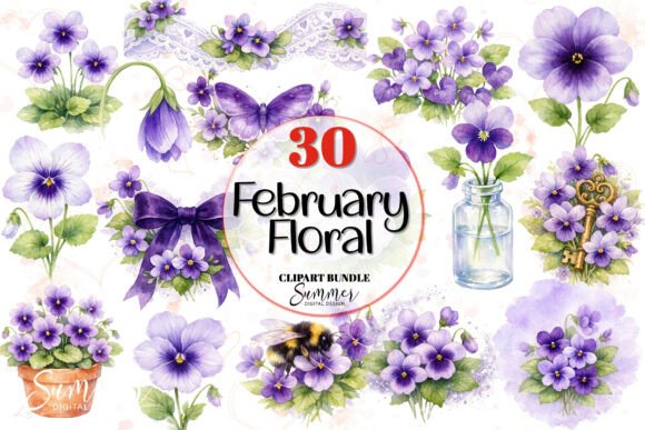 Embrace February’s Charm with Violet Floral Watercolor Clipart