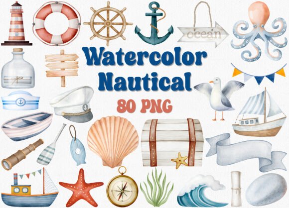 Watercolor Nautical Clipart: Ocean PNG for Coastal Designs